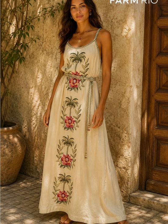 FARM Rio Dresses & Skirts - FARM Rio Cream Maxi Dress with Pink Floral Embroidery